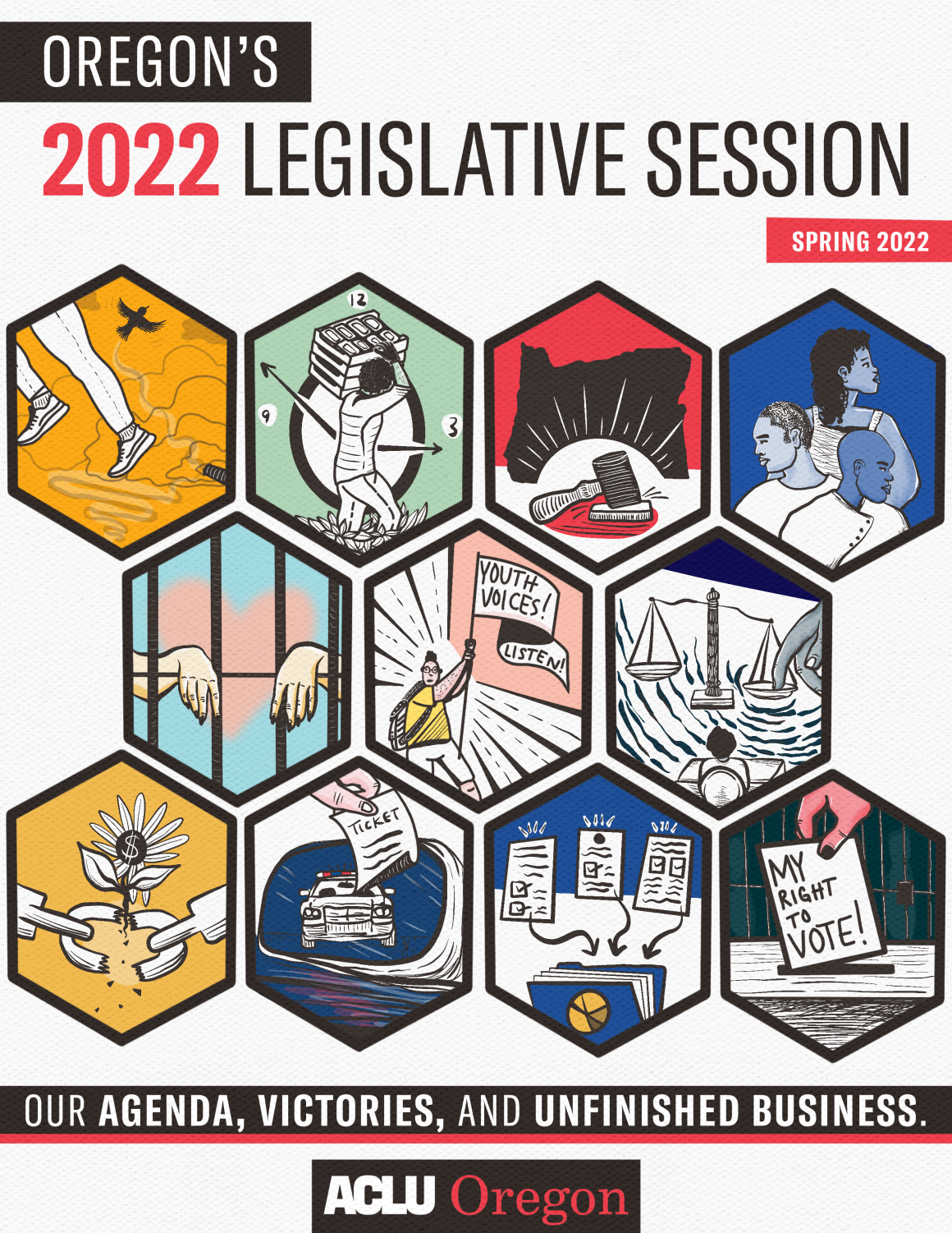 Cover of the report, with hexagonal illustrated icons representing priority bills. Text reads: Oregon's 2022 Legislative Session, spring 2022. Our agenda, victories, and unfinished business. ACLU Oregon
