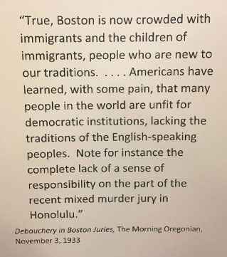 Court exhibit: a newspaper clipping from The Morning Oregonian dated November 3, 1933, discusses juries with the author claiming that 'many people in the world are unfit for democratic institutions, lacking the traditions of the English-speaking peoples.'