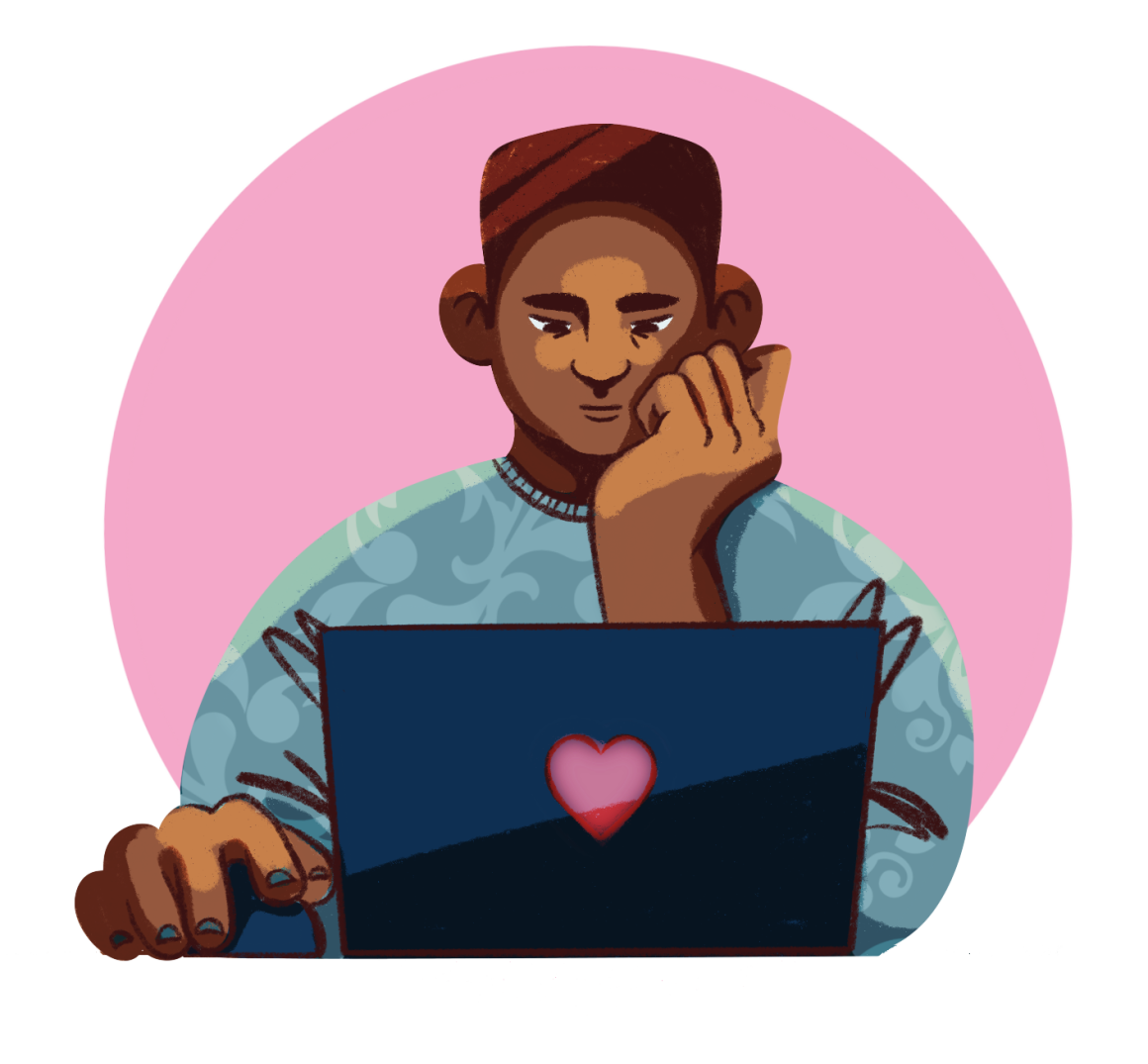 Drawing of a person with dark skin using a laptop with a pink circle background. 