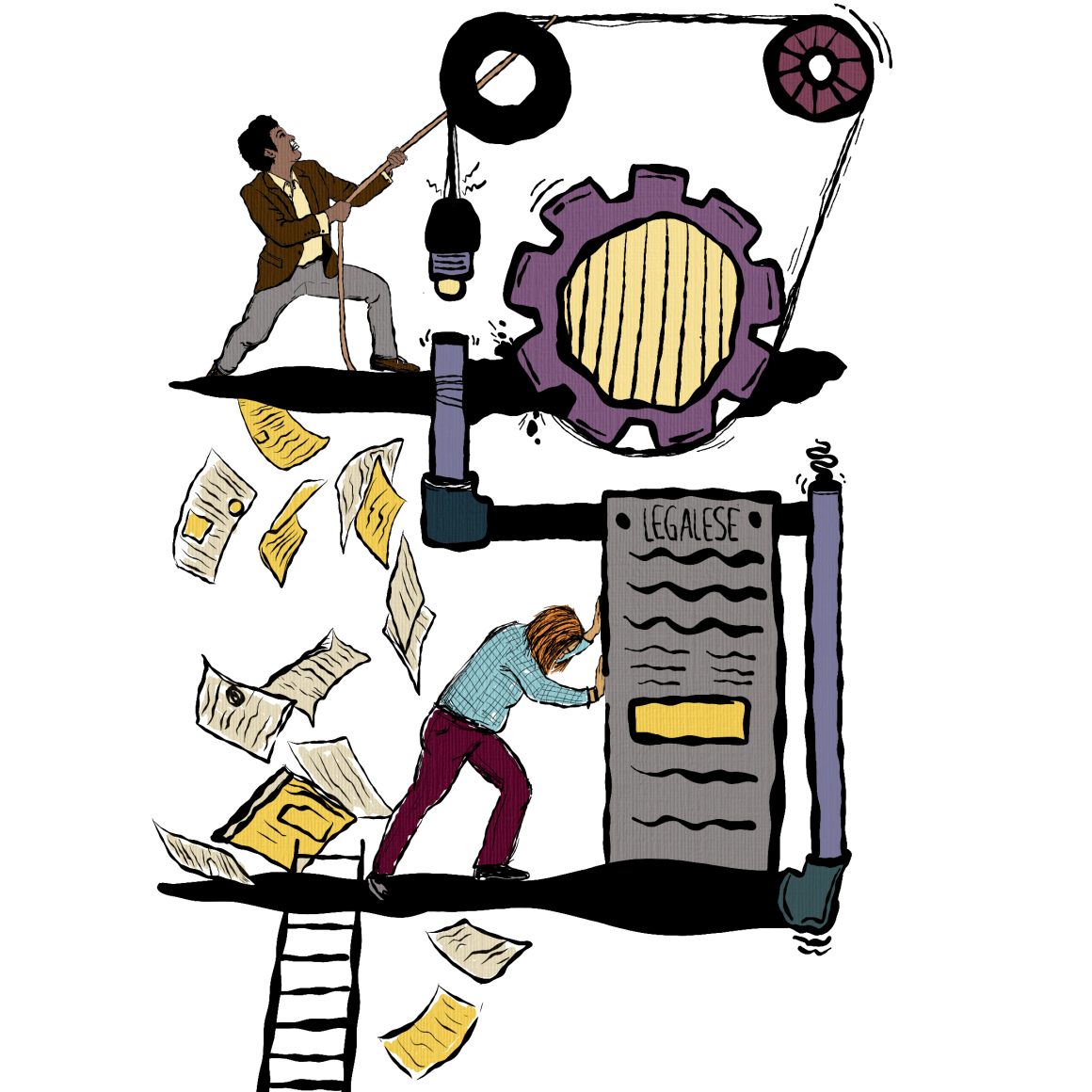 illustrated image of two public defenders pushing against the mechanics of a system. One pulls a rope with all their strength as pages fly everywhere. The other pushes against a solid looking block entitled Legalese. illustrated image of two public defenders pushing against the mechanics of a system. One pulls a rope with all their strength as pages fly everywhere. The other pushes against a solid looking block entitled Legalese.