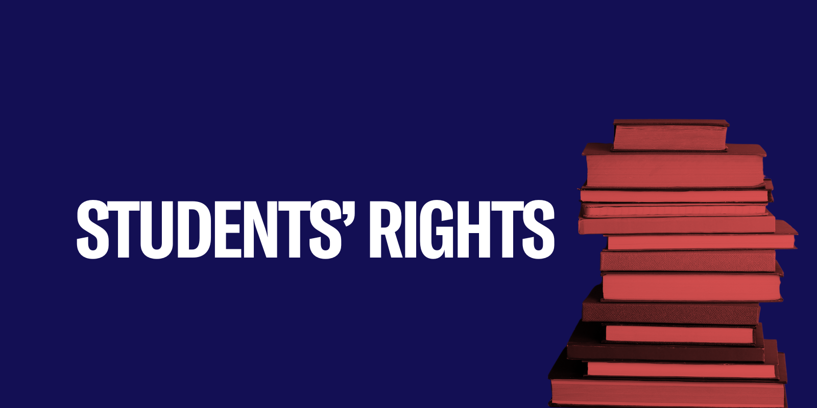 navy background and a stack of books, "student rights"