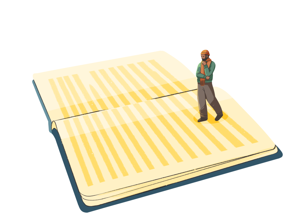 an illustration of a person walking on a giant book