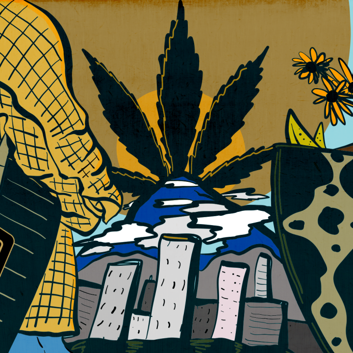 illustration of two people in fall attire facing each other and talking with Portland in the background, Mt. Hood in front of a cannabis leaf. The two people have tote bags over their shoulders with fresh veggies, one with Nectar logo the other with ACLU 