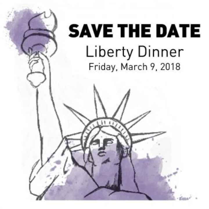 Illustration of Statue of Liberty. Liberty Dinner, Friday, March 9, 2018