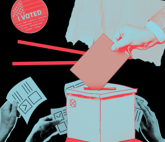 Graphic depicting hands with ballots and a button that reads, "I voted."