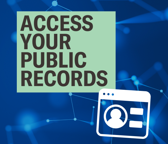 Grey text in a green box on the left reads "access your public records" against a blue digital style background